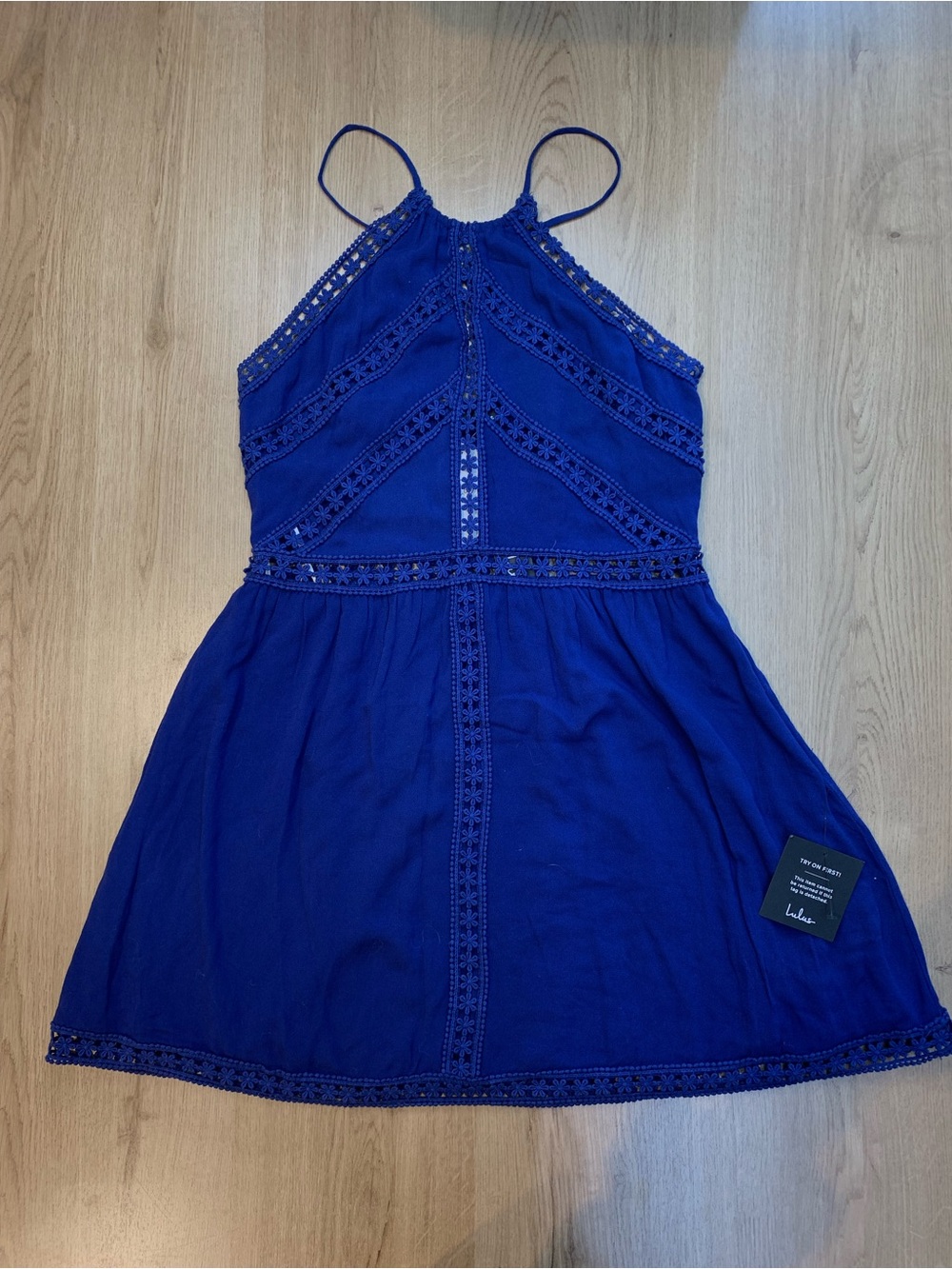 NWT Lulus Royal Blue Halter Mini Dress Large Crochet Lace Chevron Smocked Back